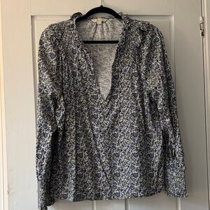 Boden Floral V-Neck Blouse - Navy and White